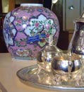 Vase and silver tea set
